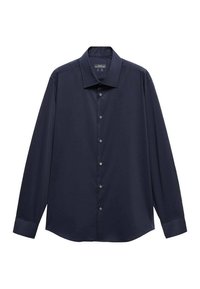 Chemise à manches longues bleu marine en tissu lisse, avec col classique, fermeture boutonnée sur le devant et poignets boutonnés.