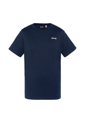 Marineblaue Baumwoll-T-Shirt mit Rundhalsausschnitt und kurzen Ärmeln. Mit kleinem rotem "Schott"-Logo auf der linken Brustseite.