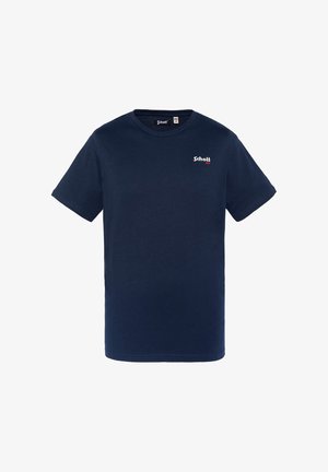 Marineblauwe katoenen T-shirt met een ronde hals en korte mouwen. Heeft een klein rood "Schott" logo op de linkerborst.