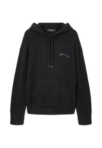 Zwarte hoodie van zachte stof, voorzien van een voorkantzak, capuchon met trekkoord en geborduurd "AllSaints"-logo op de borst.