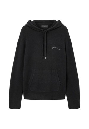 Zwarte hoodie van zachte stof, voorzien van een voorkantzak, capuchon met trekkoord en geborduurd "AllSaints"-logo op de borst.