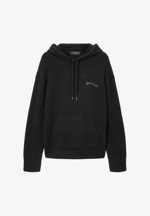 Sort hættetrøje lavet af blødt stof, med en frontlomme, snøre i hætten og broderet "AllSaints"-logo på brystet.
