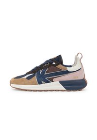 Sportlich Sneakers aus einer Mischung aus Wildleder und Textil in navy, braun und rosa Farben. Abgerundete Zehenpartie, dicke weiße Zwischensohle und strukturierte Gummisohle.