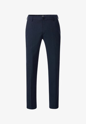 Marineblaue, taillierte Hosen aus gewebtem Stoff. Sie verfügen über eine glatte Textur, ein elegantes Design, Gürtelschlaufen und einen einzelnen vorderen Knopfverschluss.