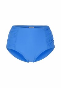 Högmidjade blå badbyxor med veckade sidopaneler, tillverkade av stretchigt material, med en slät yta och rundade benöppningar.