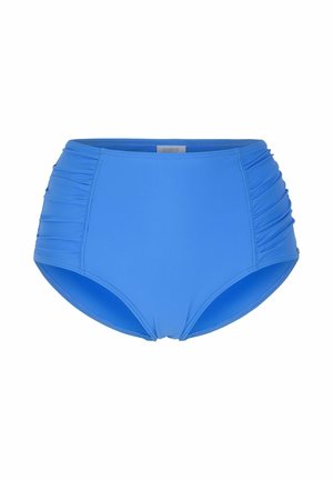 Högmidjade blå badbyxor med veckade sidopaneler, tillverkade av stretchigt material, med en slät yta och rundade benöppningar.