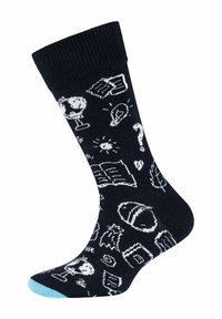 Schwarze Socken mit weißen cartoonhaften Mustern von einer Weltkugel, einer Glühbirne, einem Buch und anderen Symbolen, mit einem türkisfarbenen Akzent am Bündchen.