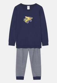 Marineblaues Langarmshirt mit einem gelben Lastwagen-Graphic; kombinierbar mit marineblauen und weißen gestreiften Schlafanzughosen. Baumwollstoff, entspannte Passform.