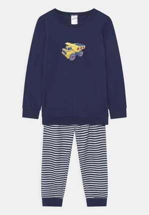 Navy long-sleeve top with a yellow truck graphic; paired with navy and white striped pajama pants. Cotton fabric, relaxed fit.