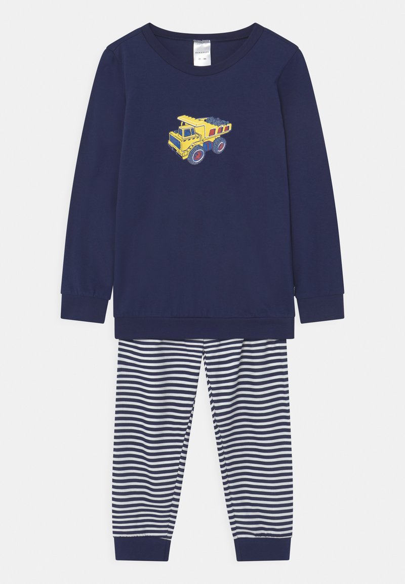 Granatowa bluzka z długim rękawem z grafiką żółtej ciężarówki; w połączeniu z granatowo-białymi spodniami od piżamy w paski. Tkana bawełniana, luźny krój.