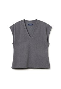 Graues ärmelloses Oberteil mit V-Ausschnitt, aus weichem Stoff hergestellt. Verfügt über eine entspannte Passform und dezente Schulterdetails. Markenetikett innen sichtbar.