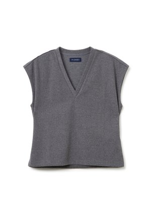 Top sin mangas gris con escote en forma de V, hecho de una tela suave. Presenta un corte holgado y un discreto detalle en los hombros. Etiqueta de la marca visible en el interior.