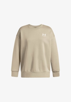 Beige sweatshirt made of soft fabric, featuring a crew neckline, drop shoulders, and a small white logo on the chest. Simple, relaxed design.