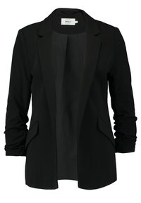 Blazer noir avec une coupe ajustée, doté d'un col à revers, de deux poches avant et d'épaules structurées. Confectionné dans un tissu lisse à finition mate.