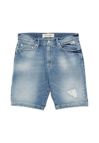 Shorts in denim azzurro chiaro con un finish sbiadito, caratterizzati da uno strappo sulla gamba sinistra, cinque tasche e una chiusura con bottoni. Etichetta sulla cintura.