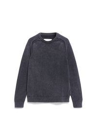 Dunkelgrauer Strickpullover mit einem gerippten Rundhalsausschnitt und Raglanärmeln, der eine glatte Textur und dezente Nähte aufweist.
