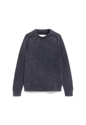 Maglione knit grigio scuro con collo a girocollo a costine e maniche raglan, con texture morbida e dettagli di cucitura sottili.