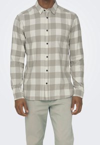 Beige en witte katoen ruitjesoverhemd met lange mouwen, voorzien van een button-down kraag en donkere knopen, gedragen met lichte broek.