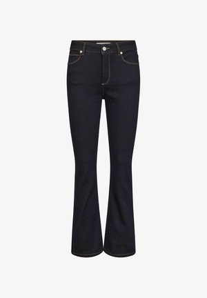 Dark denim flared jeans with a high waist, featuring tonal stitching, five pockets, and a single-button closure. Smooth texture, tailored fit.