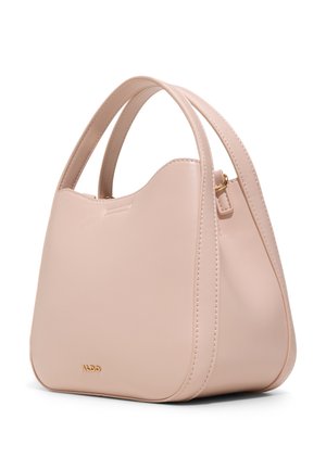 Light pink smooth leather handbag with two top handles and small gold ALDO logo at the bottom front, gently curved top edge.