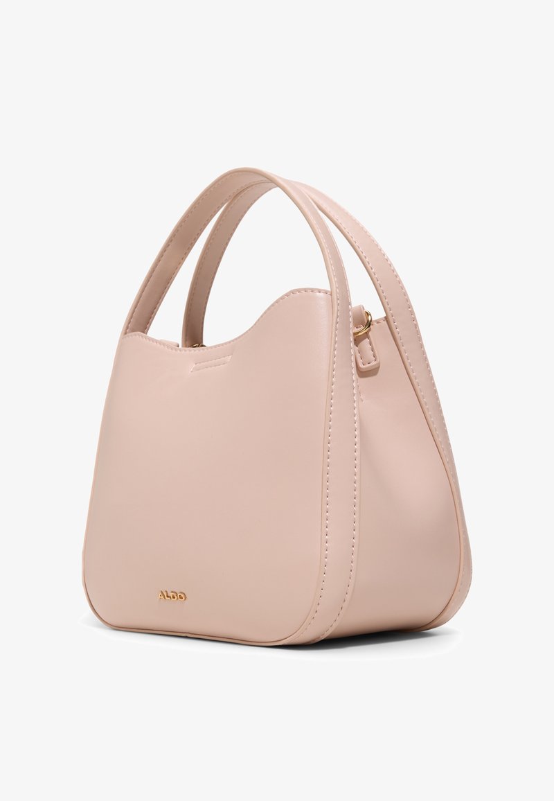 Light pink smooth leather handbag with two top handles and small gold ALDO logo at the bottom front, gently curved top edge.