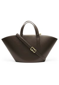 Sac à main trapèze en cuir marron foncé avec deux poignées et une bandoulière réglable dotée d'une boucle dorée.