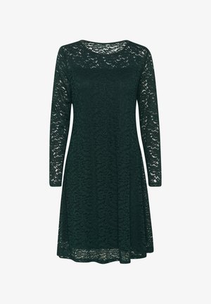Robe en dentelle verte avec des manches longues, un col rond et un ourlet évasé. Motif floral en dentelle, apparence texturée et qualité semi-transparente.