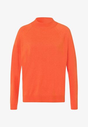 Bright orange crewneck sweater with long sleeves and ribbed collar, cuffs, and hem, displayed on a white background.