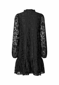 Rochie din dantelă neagră cu flori, cu mâneci lungi din material transparent, guler înalt cu volane și tiv cu volane desfăcute, prezentată din spate.