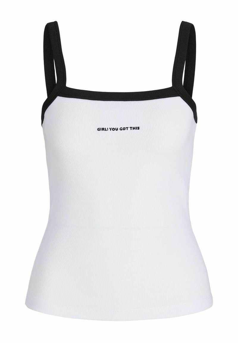 Witte geribde tanktop met zwarte rand en banden; voorzien van de tekst "GIRL YOU GOT THIS" gecentreerd op de voorkant in zwarte letters.