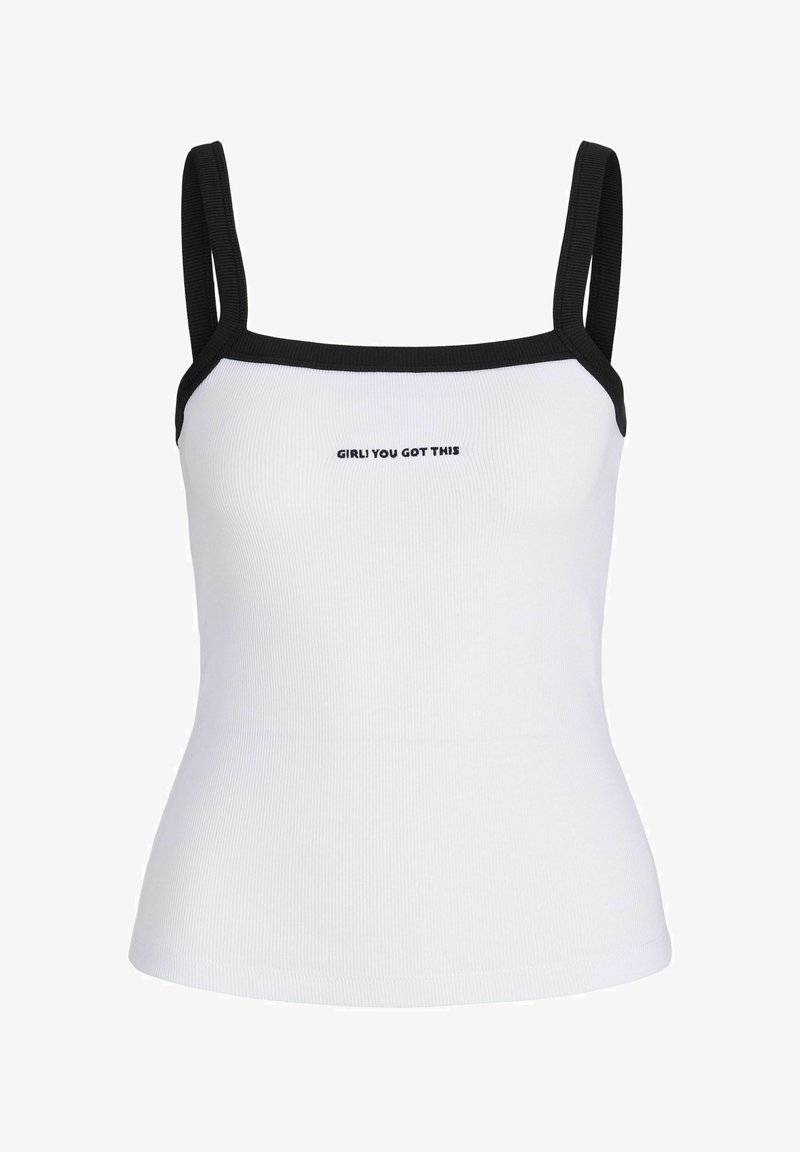 Witte geribde tanktop met zwarte rand en banden; voorzien van de tekst "GIRL YOU GOT THIS" gecentreerd op de voorkant in zwarte letters.