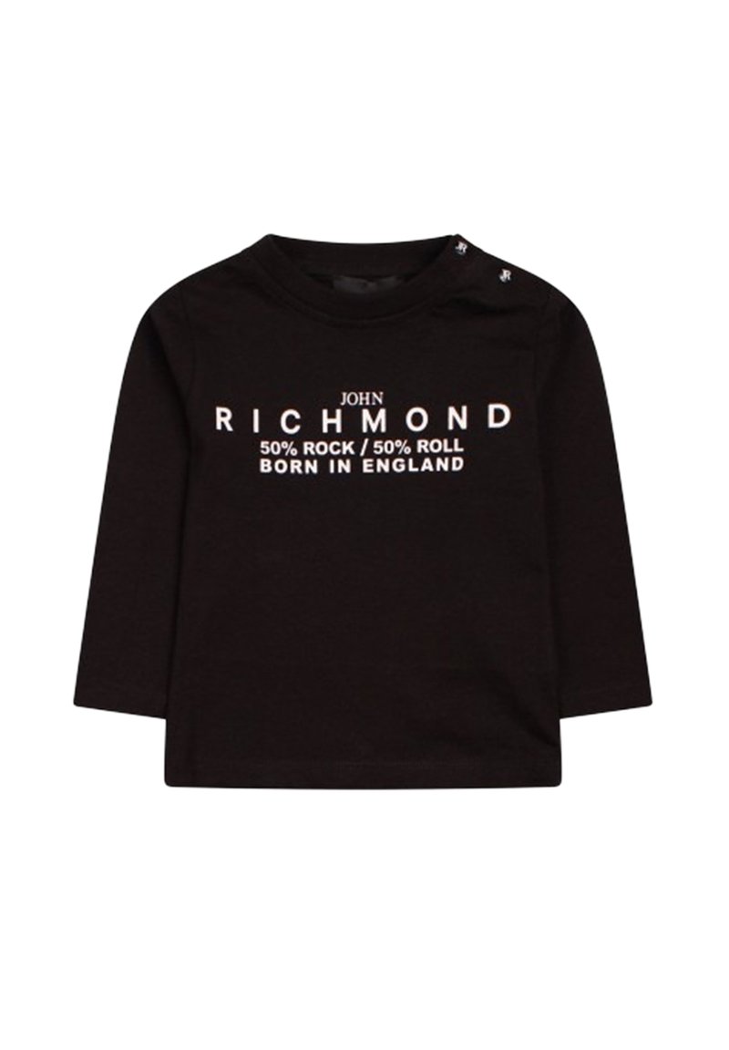 T-shirt a maniche lunghe nera in cotone, con testo bianco: "JOHN RICHMOND 50% ROCK / 50% ROLL NATO IN INGHILTERRA" e bottoni sulle spalle.