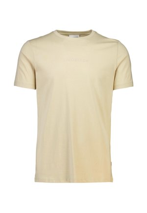 Beiges Kurzarm-T-Shirt aus weichem Stoff, mit rundem Halsausschnitt und geprägtem "LINDBERGH"-Logo auf der Brust.