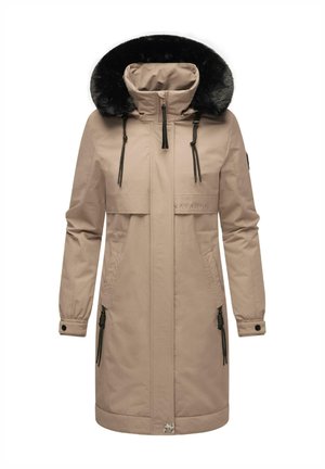 Parka beige con cappuccio in pelliccia sintetica nera. Presenta una chiusura a zip, due tasche laterali e cordini regolabili in vita e ai polsini.