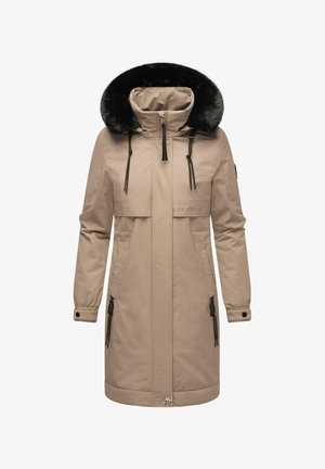 Beige Parka mit Kapuze aus schwarzem Kunstfell. Verfügt über einen Reißverschluss vorne, zwei Seitentaschen und verstellbare Kordelzüge an der Taille und den Manschetten.