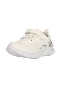 Vita atletiska sneakers med en texturerad meshöverdela, kardborreband och en svart-vit prickig häl. Designad för komfort och stöd.