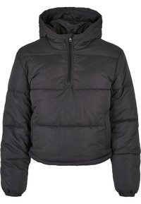 Veste matelassée noire à capuche avec zip frontal jusqu'à mi-longueur, manches longues, poignets élastiques et poche kangourou avant.