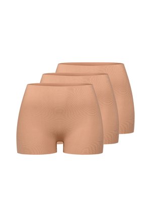 Drei nahtlose, beigen Damenunterhosen in hoher Taille, gestaffelt auf weißem Hintergrund angeordnet.