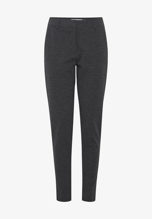 Pelēki, pieguļoši bikses ar gludu tekstūru. Ievērojami plakanas priekšpuses, jostu cilpas un sašaurinātas kājas, nodrošinot gludu siluetu.