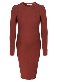 Strickkleid in Rostfarbe, taillierte Passform mit langen Ärmeln, gerippter Textur, Rundhalsausschnitt und knielangem Saum.
