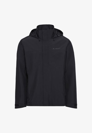 Schwarze wasserdichte Kapuzenjacke mit Frontreißverschluss und verstellbaren Manschetten, mit dem Vaude-Logo auf der Brust.