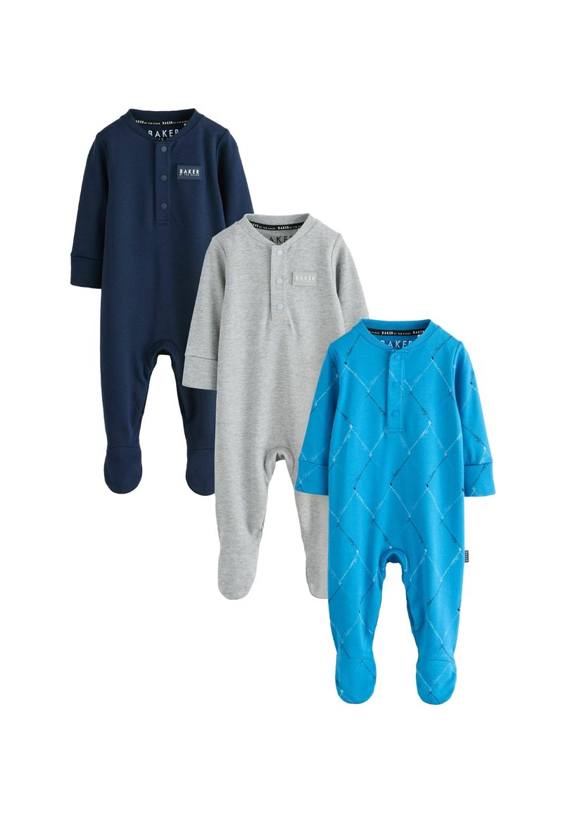 Drei Babystrampler mit langen Ärmeln: navy, grau und blau. Der blaue Strampler hat ein Rautenmuster. Alle haben Druckknopfverschlüsse und einen Füßchen-Design.