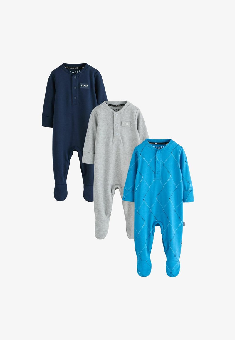 Három hosszúujjú baba rugdalózó: sötétkék, szürke és kék. A kék rugdalózó gyémántmintás. Mindegyik gombos záródású és talpbetétes dizájnnal rendelkezik.