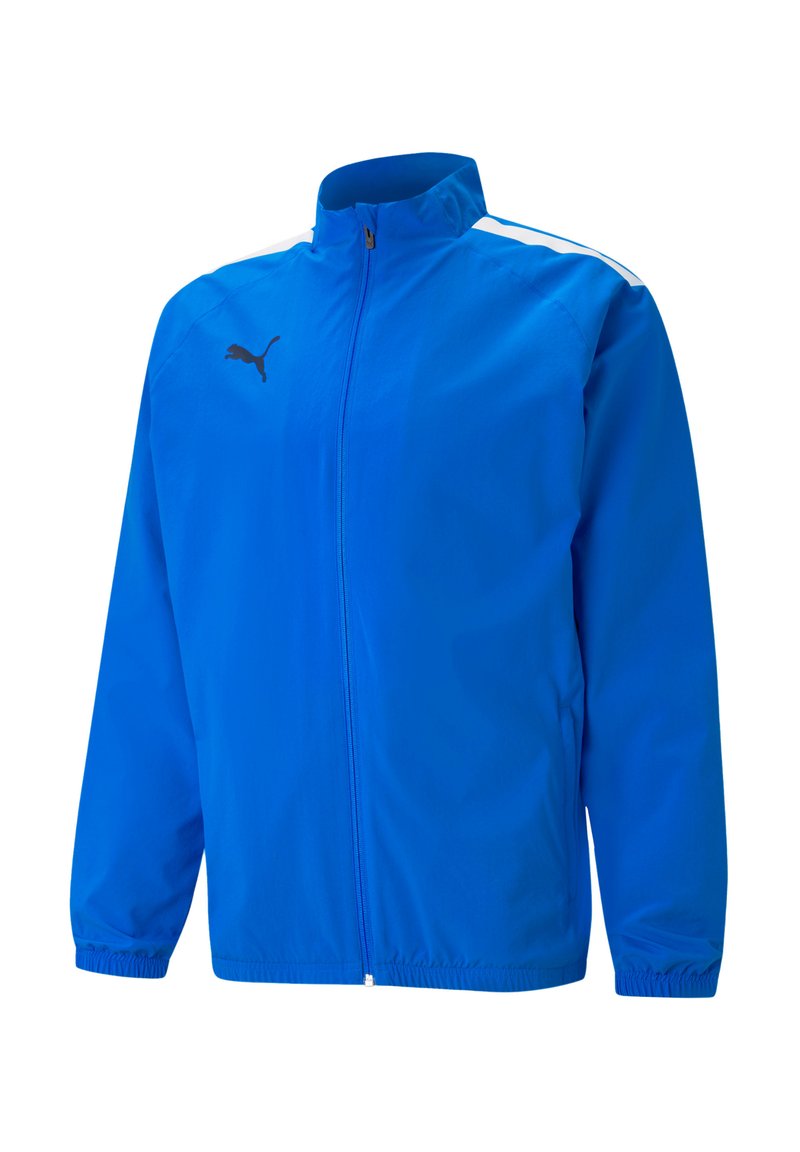 Blauwe windbreakerjack in lichte stof, met een hoge kraag, volledige voorkeep rits en witte schouderstrepen met een zwart logo.