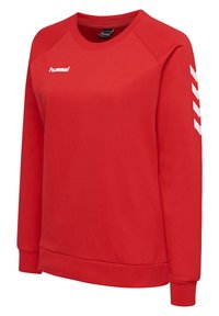 Rode sweatshirt van zacht materiaal, met een wit logo en chevron-details op de mouw, voorzien van een ronde hals en ribgebreide zoom.