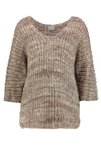 Tjockstickad brun och beige tröja med 3/4-lång ärm och V-ringad krage, gjord av tjockt strukturerat garn.