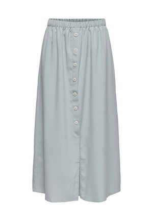 Jupe gris clair longueur genou avec taille élastique et six boutons devant disposés verticalement au centre.