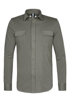 Grijze langemouwen shirt van gestructureerde stof, met een puntkraag, twee borstzakken en metaal knoopsluitingen.