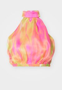 Halterneck-Crop-Top im Batikmuster aus rosa und gelben Tönen, aus leichtem Stoff gefertigt, mit einem gerafften elastischen Saum.