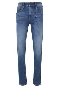 Blå denimjeans med rak passform, med knappstängning, femfickdesign och subtila blekningar på framsidan.